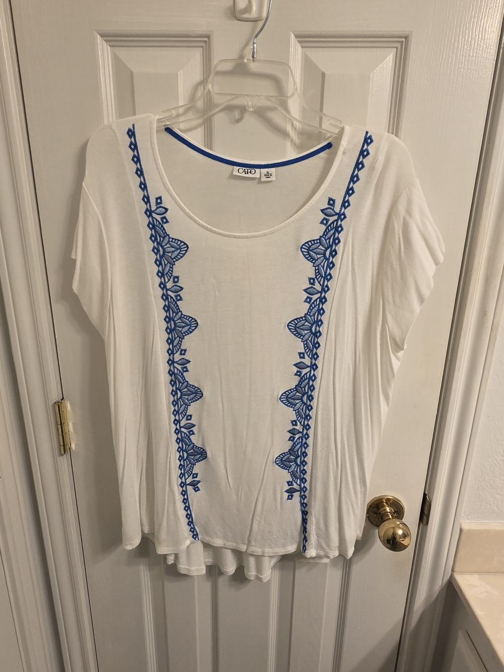 Cato White Scoop Neck Top with Blue Embroidered Trim